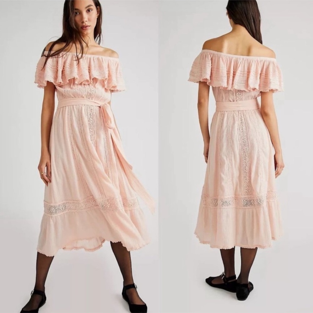 Spell Anthropologie *Cassie* pink organic cotton off shoulder boho midi dress XS